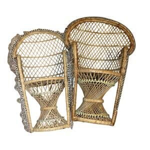 Vntg Mini Wicker Rattan Peacock Fan Back Chair Plant Stand Doll Chair Boho Lot